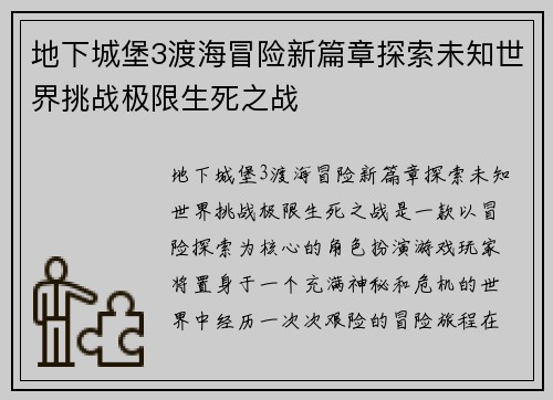 地下城堡3渡海冒险新篇章探索未知世界挑战极限生死之战