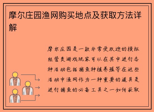 摩尔庄园渔网购买地点及获取方法详解